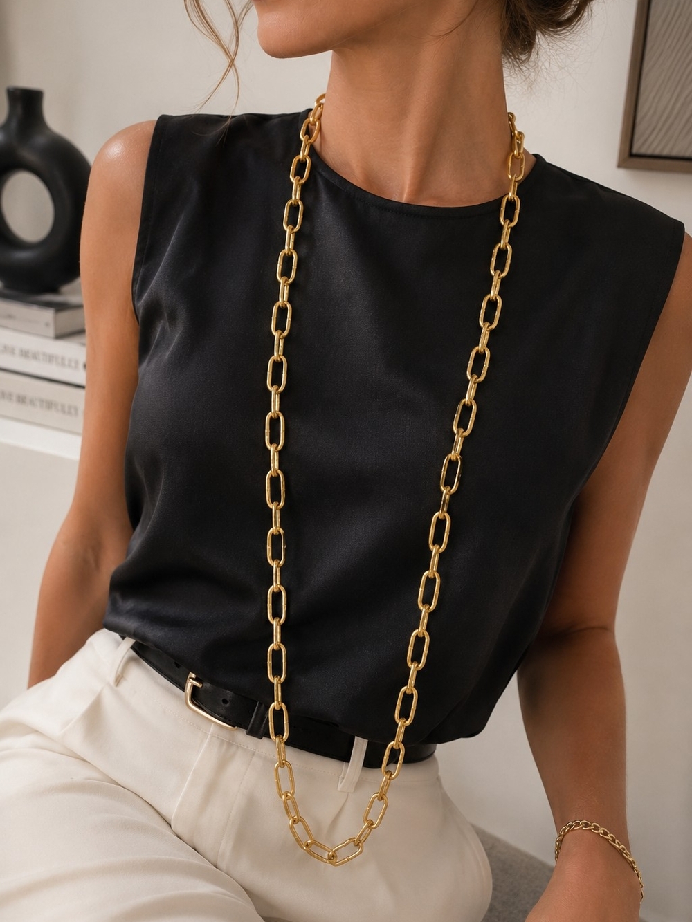 Gold Tone Long Statement Chain Necklace Textured Links 46" Layering Jewelry